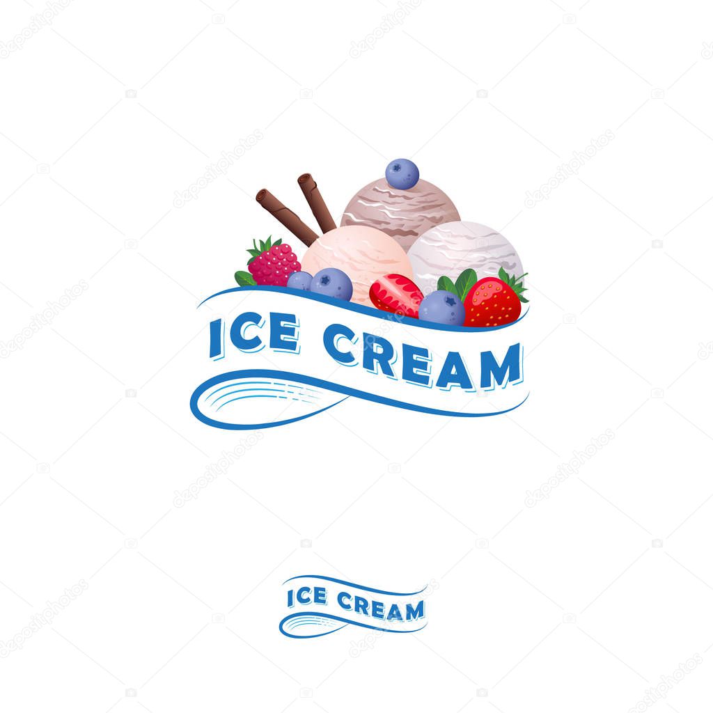 Ice cream logo. Letters on a ribbon and three scoops of ice cream with berries. Ice cream and strawberries, blueberries, leaves with cinnamon sticks. Monochrome option.
