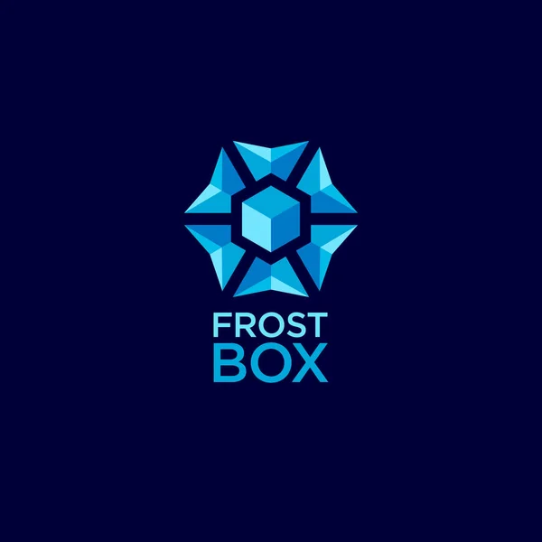 冰冻食品的霜冻盒标志 蓝色雪花几何标志 孤立在黑暗的背景 单色选项 — 图库矢量图片