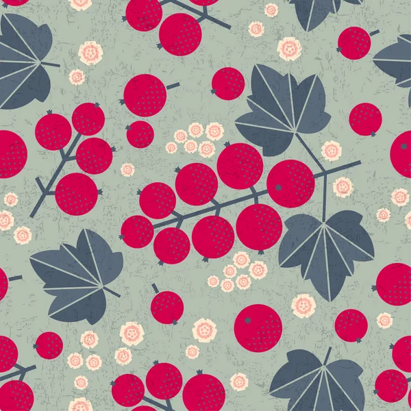 熟した赤スグリのシームレスなパターン レッドカラントの葉とぼろぼろの背景に花 オリジナルのシンプルなフラットのイラスト ぼろぼろの様式 — ストックベクタ