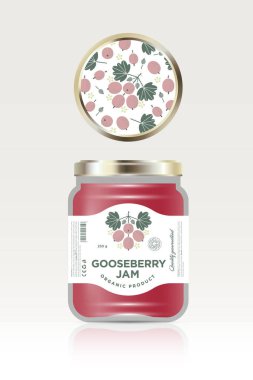 Etiket ve ambalaj Bektaşi üzümü reçeli. Meyve desenli kavanoz kapağı. Düz orijinal illüstrasyon ve jar minimalist etiketinde metinler.