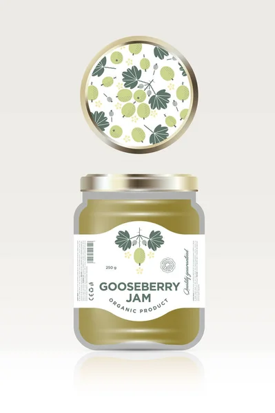 Label Packaging White Gooseberry Jam Can Lid Jar Fruit Pattern — Stock Vector