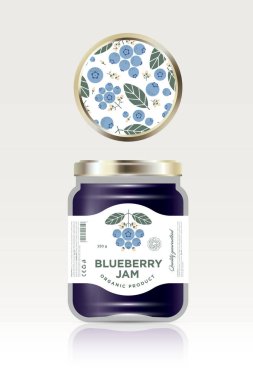 Etiket ve ambalaj yaban mersini reçeli. Meyve desenli kavanoz kapağı. Düz orijinal illüstrasyon ve jar minimalist etiketinde metinler.