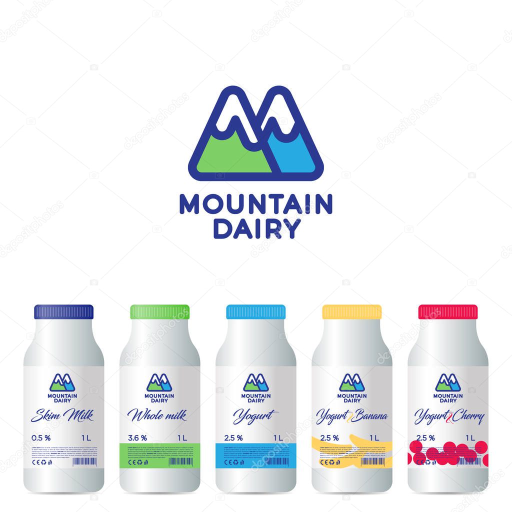 M letter. M monogram. Mountain Dairy Products logo. Letter M is like mountains, snow peaks and green and blue mount. Packaging design.