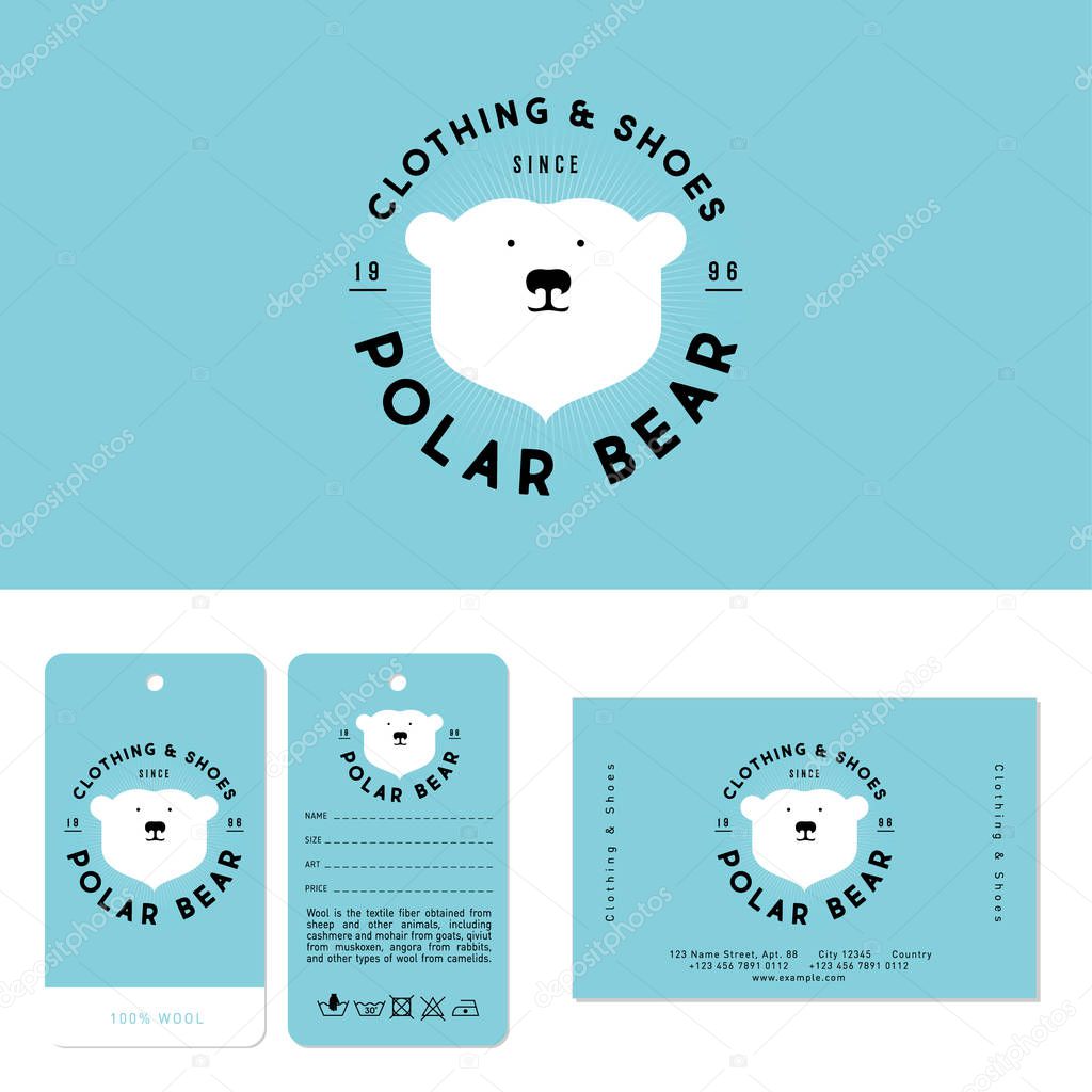 Polar bear logo. Clothing and shoes emblem. The head of polar bear and letters on a circle. Sports and warm wears. Identity, labels and business card.