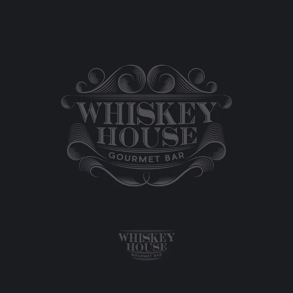 ウイスキー家ロゴ ビンテージのパブやバーのエンブレム レストランのエンブレム 美しいカールと暗い背景に分離文字 — ストックベクタ