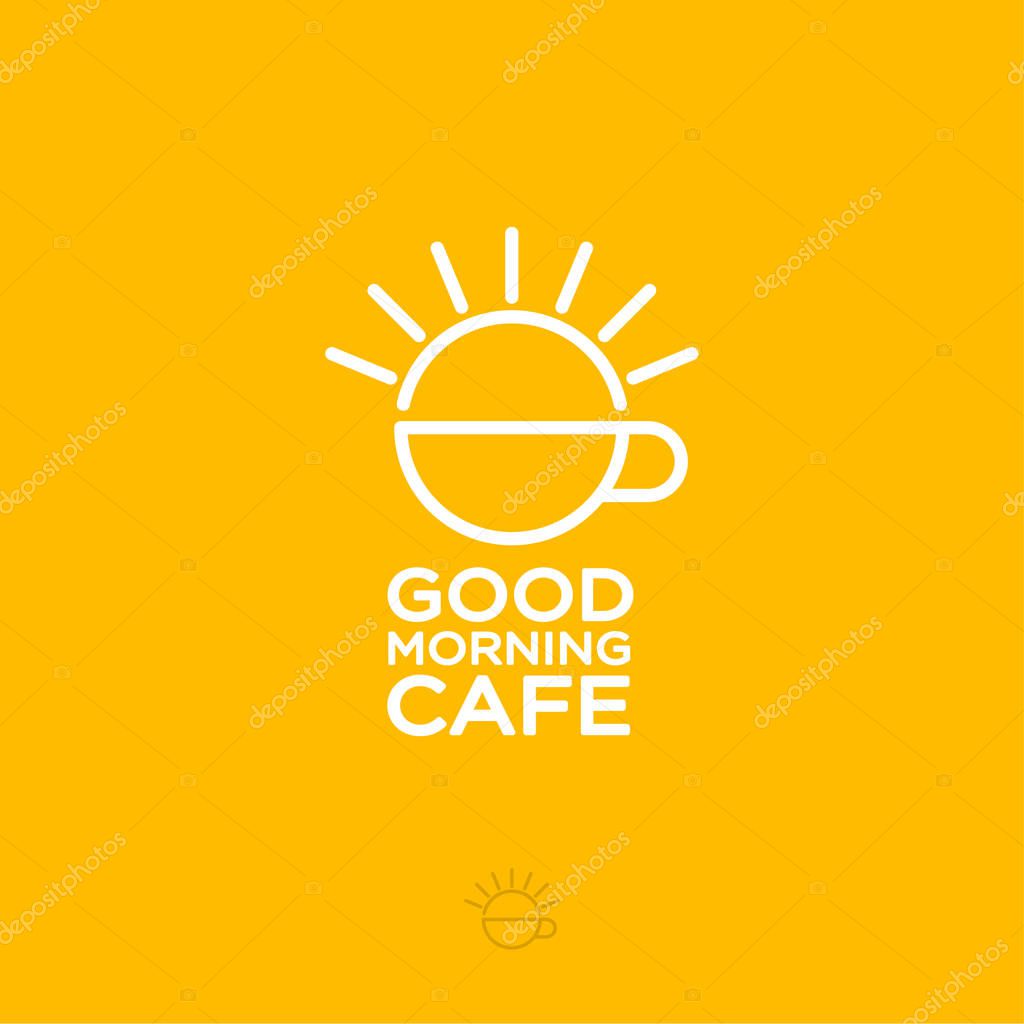 Good morning cafe logo. Cup and sun on a yellow background. Flat design. Hipster emblem. Coffee and tea in the morning. Fast food. Cafeteria icon.