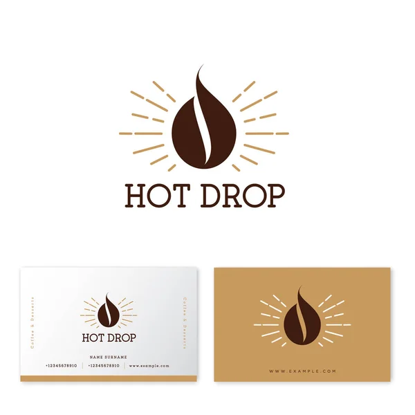 Hot coffee drop logo. Coffee emblem. Coffee drop, like coffee bean with gold sunrays. Hipster flat logo.