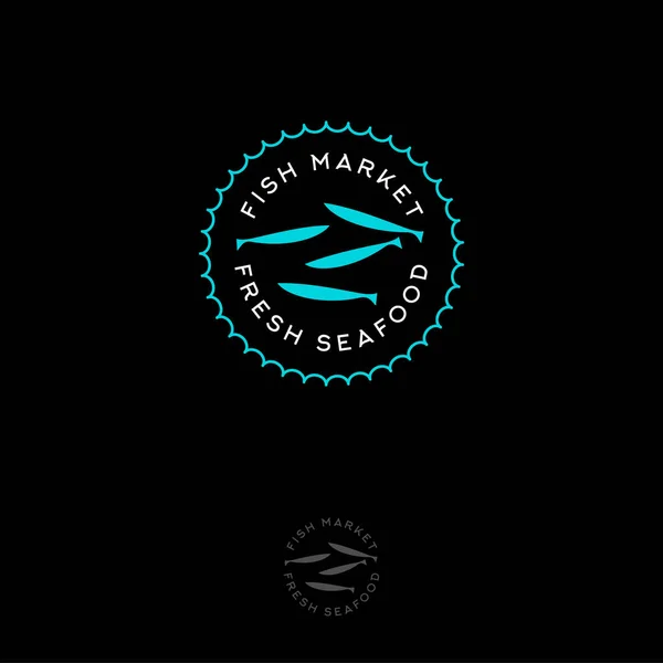 Frischmarkt Logo Meeresfrüchte Logo Blaue Kleine Fische Und Buchstaben Auf — Stockvektor