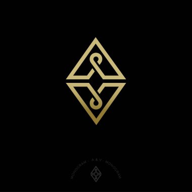 A ve V harfi. A, V monogram. Logo altın satırlık bir damla veya döngü ile üçgen şekil olarak oluşur. Kimlik. Web, UI simgesi.