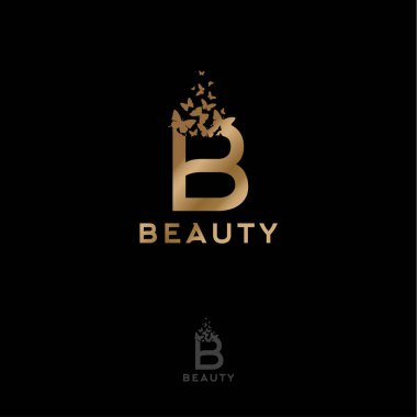 Kelebekler uçan ile altın B harfi. Güzellik logo. Spa, kozmetik, moda, terzi Dükkanı veya takı için amblemi. Monokrom seçeneğini.