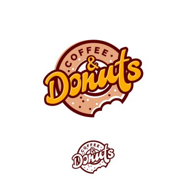 Çörek ve kahve logosu. Cafe veya fırın amblemi. Isırılan Donut yazı ile ve küçük şekerlemeler. Monokrom seçeneğini.