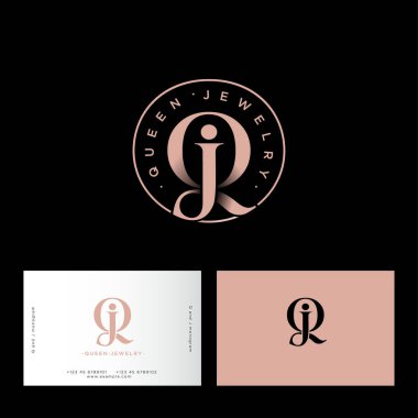 Kraliçe takı logosunu görmeniz gerekir. Q, J monogram pembe harflerden oluşur. Kartvizit.