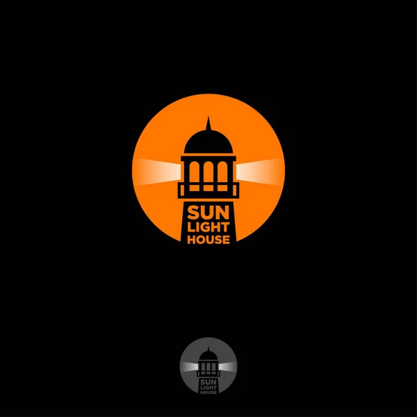 Sonnigen Leuchtturm Logo Silhouette Eines Leuchtturms Mit Strahlen Orangen Kreis — Stockvektor