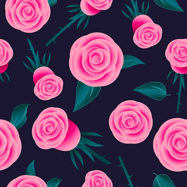 Pink Roses Seamless Pattern Flowers Leaves Dark Background — Stock Vector