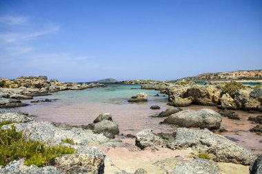 Pembe kum Girit, Yunanistan ile Elafonisi plaj. Pembe kum ile güzel bir plaj.