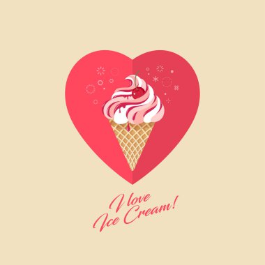 Cherry ice cream in waffle cone. Ice cream, jam and cherry on heart background with decor. Ice creams illustrations.