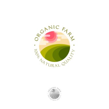 Organik Tarım logosu. Yeşil çayırlar, gün batımı ve bulutlar. Kimlik. Monokrom seçeneğini.
