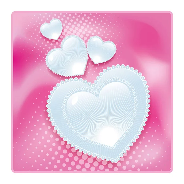 ピンクの背景にレースの光沢のある心 バレンタイン ポスト カード 装飾的な背景 — ストックベクタ
