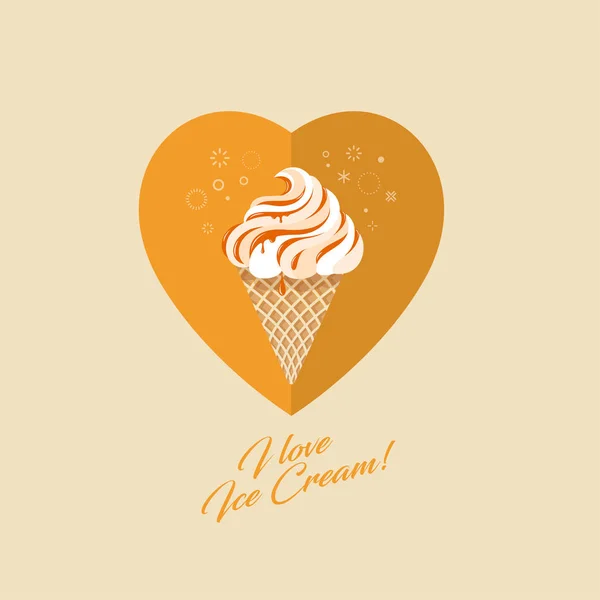 Helado Caramelo Cono Gofre Helado Salsa Caramelo Sobre Fondo Corazón — Vector de stock