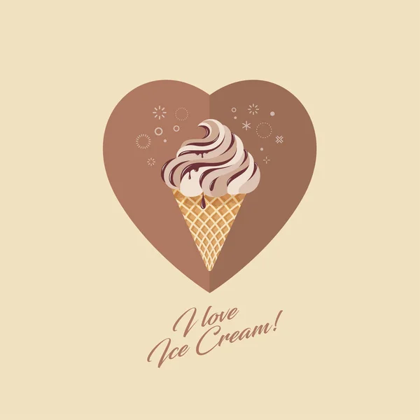 Helado Chocolate Cono Gofre Helado Con Cobertura Sobre Fondo Corazón — Vector de stock