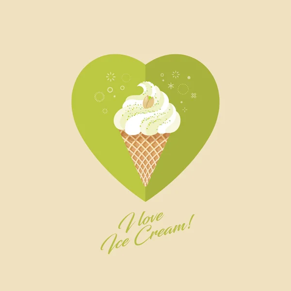 Helado Pistacho Cono Gofre Helado Pistacho Sobre Fondo Corazón Con — Vector de stock