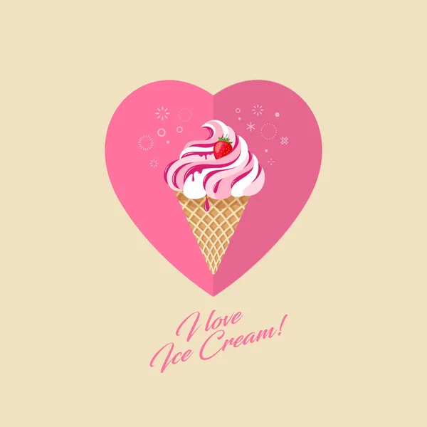 Helado Fresa Cono Gofre Helado Mermelada Bayas Fondo Del Corazón — Vector de stock