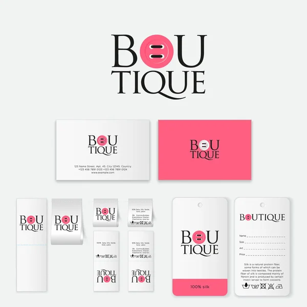 Boutique logo. Letters and pink button like letter O. Tailor logo. Clothes store. Set of labels and business card.