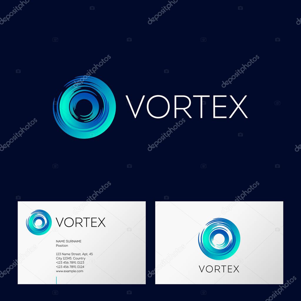 Vortex logo. Helix emblem. O monogram. Blue helix on a dark background. Identity. Business card.