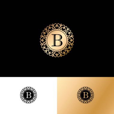 B harfi veya monogram. Orijinal altın B harfi sembolü dantel süsleme ile bir daire içinde
