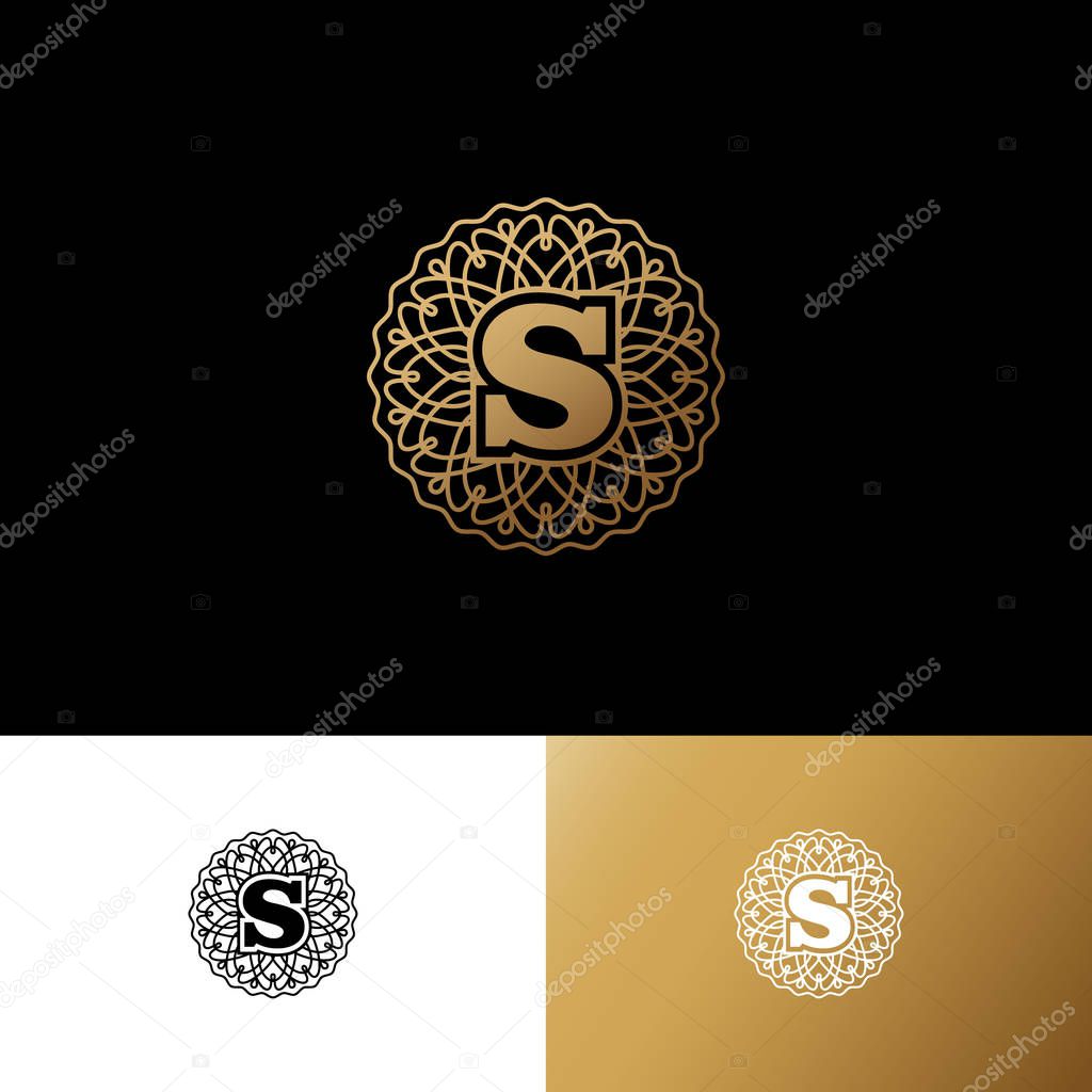S letter or monogram. The original gold S letter symbol in a circle with lace ornament. Classic style.