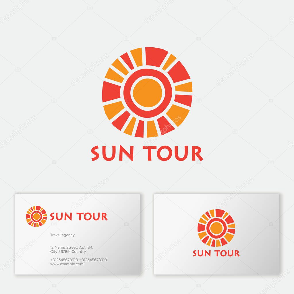 Travel agency logo. Sun Tour tourism agency emblem. The sun, like mosaic, and letters. Identity. Business card.