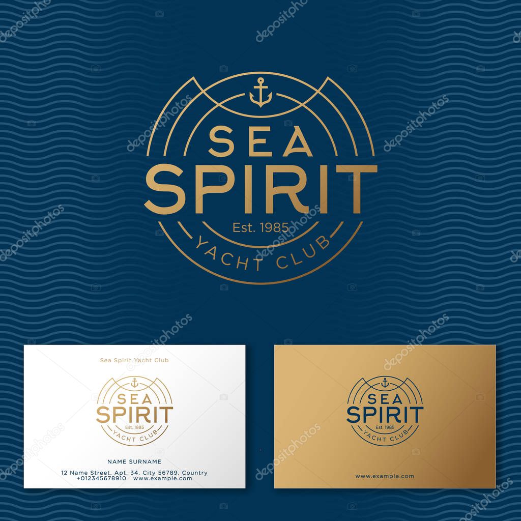 Sea spirit emblem. Yacht Club emblem. Letters and an anchor on a background with waves. Identity. Business card.