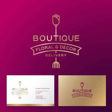 Çiçek ve ev dekor butik logosu. Gül ve kurdeleli harfler. Premium iş amblemi. Heraldic seçeneği. Kartvizit.
