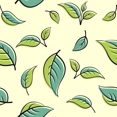 Açık bir arka plan üzerinde yeşil yaprakları ile dikişsiz desen. Doğrusal çizim çiçek arka plan.