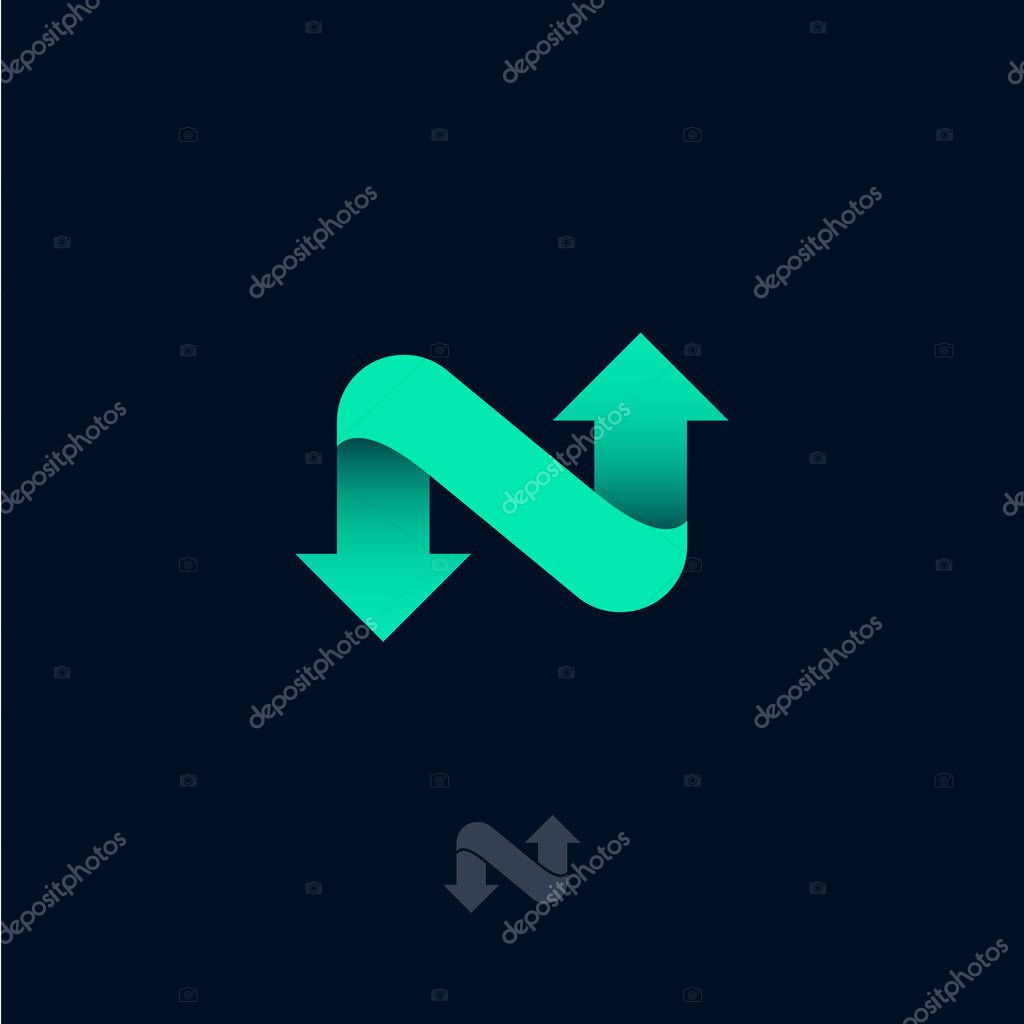 N logo. Green ribbon with arrows. N monogram.  Letter with directions. Network icon.