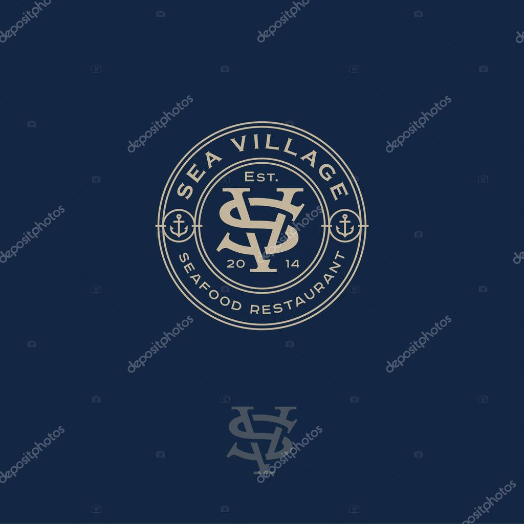 S and V monogram. Sea Village - seafood restaurant. S and V are intertwined letters in a circle on a blue background.