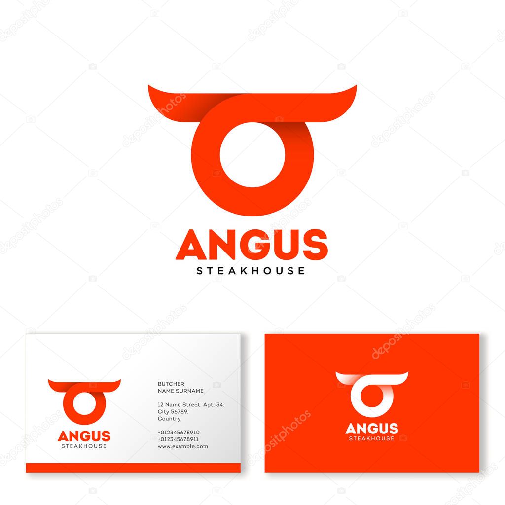 Angus Logo. Abstract bull head with horns. Business card. Monochrome option. Steak house emblems. Beef meat icon.