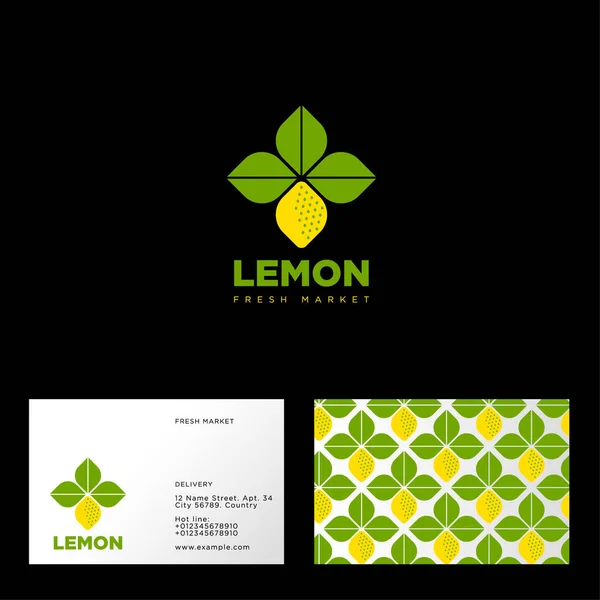 Lemon Logo Fresh Market Vegetarian Restaurant Emblem Business Card Seamless — Stock Vector