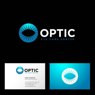 Gözler kliniği logosu. Amblemlerin oftalmolojisi. Stilize gözler ve ışınlar. 