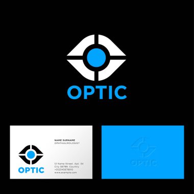 Gözler kliniği logosu. Amblemlerin oftalmolojisi. Stilize gözler ve harfler. 