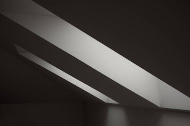 Windows in the attic. Architectural elements. Contrasting geometric interior details, white walls, ceilings, frames, empty room.