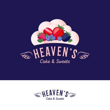 Cennet dondurma evi, gelateria logosu. Böğürtlenler ve bulut gibi dondurma kepçeleri. Melek kanatlı logo.