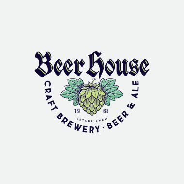 Bira Evi Logosu. Brewing Company Logosu. Işık Arka Plan Üzerinde Beer Pub Amblem. Hop Konileri ve Tipografik Kompozisyon. Gravür, Vintage Stil.