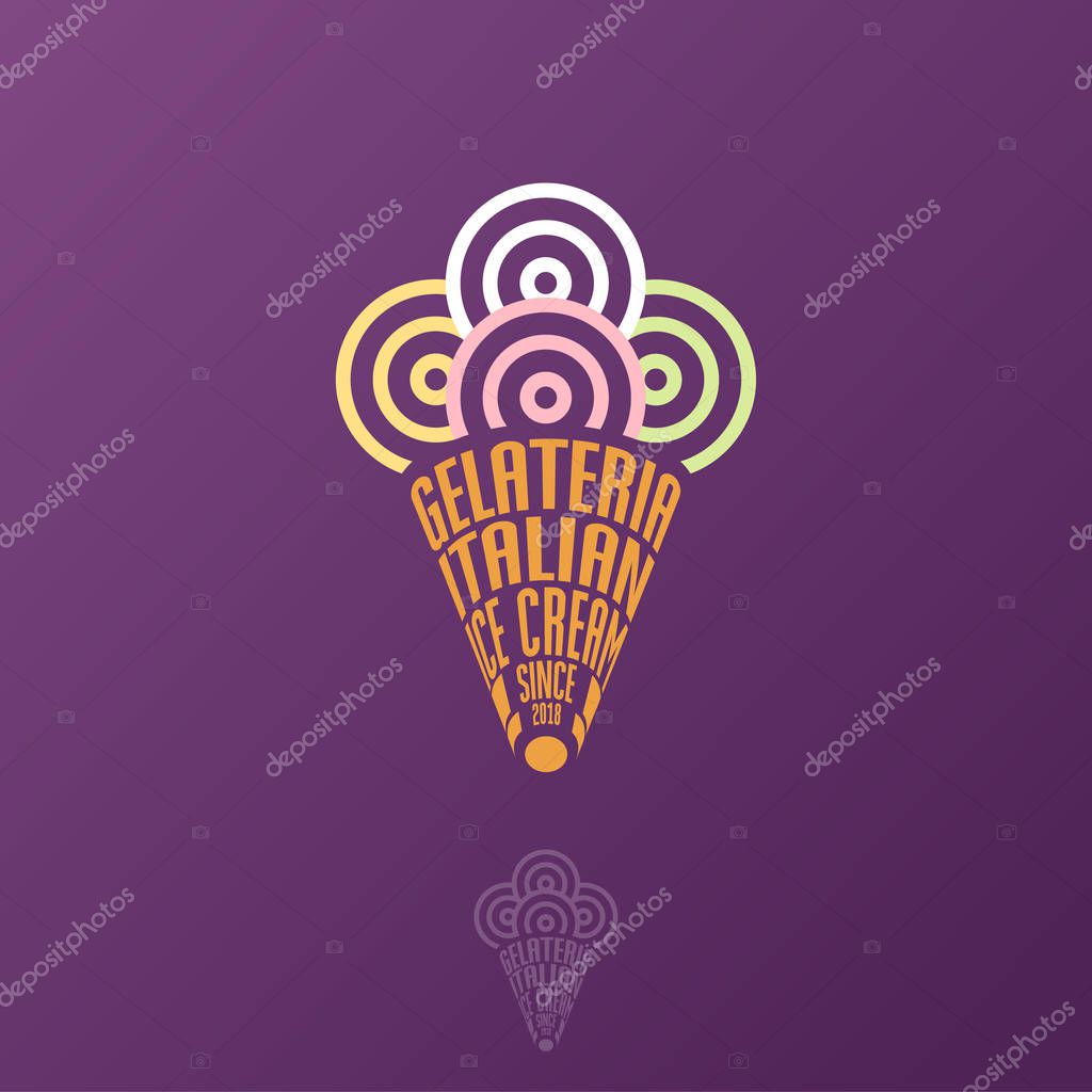 Gelateria Logo. Italian Ice Cream Emblem. Typography composition as waffle cone and Color Scoops of Ice Cream.