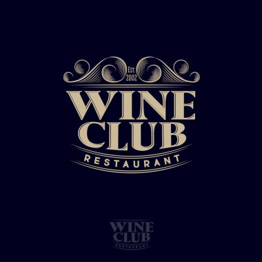 Wine Club Restaurant logosu. Kompozisyon ve curlicues dekoratif elemanları yazı. Premium barok tarzı.