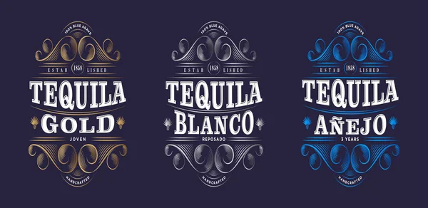 Tres Etiquetas Tequila Tequila Premium Packaging Design Letras Composición Curlicues — Vector de stock