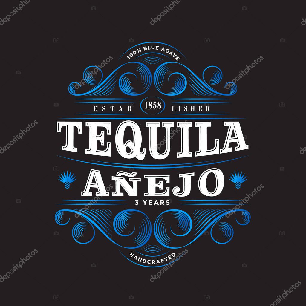 Tequila Anejo Logo. Tequila label. Premium Packaging Design. Lettering Composition and Curlicues Decorative Elements. Baroque Style.