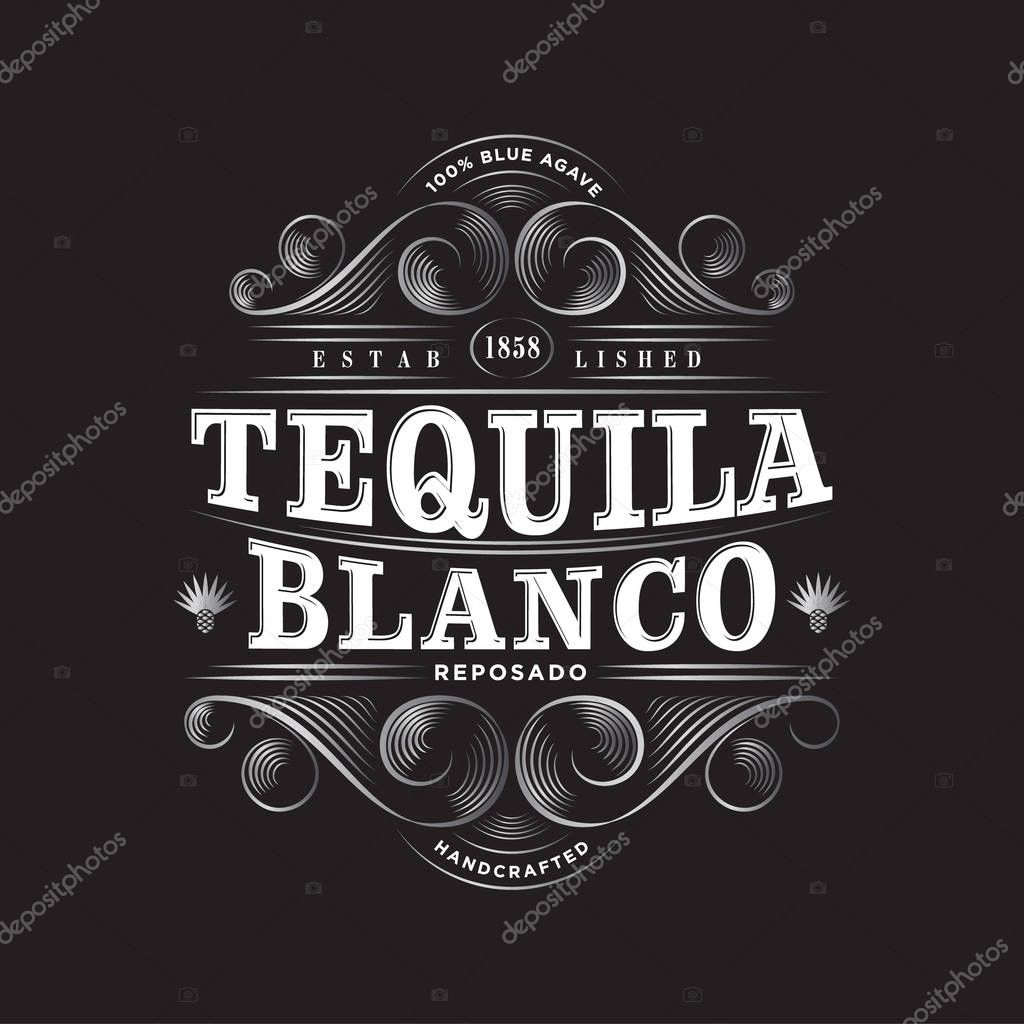 Tequila Blanco Logo. Tequila Blanco label. Premium Packaging Design. Lettering Composition and Curlicues Decorative Elements. Baroque Style.
