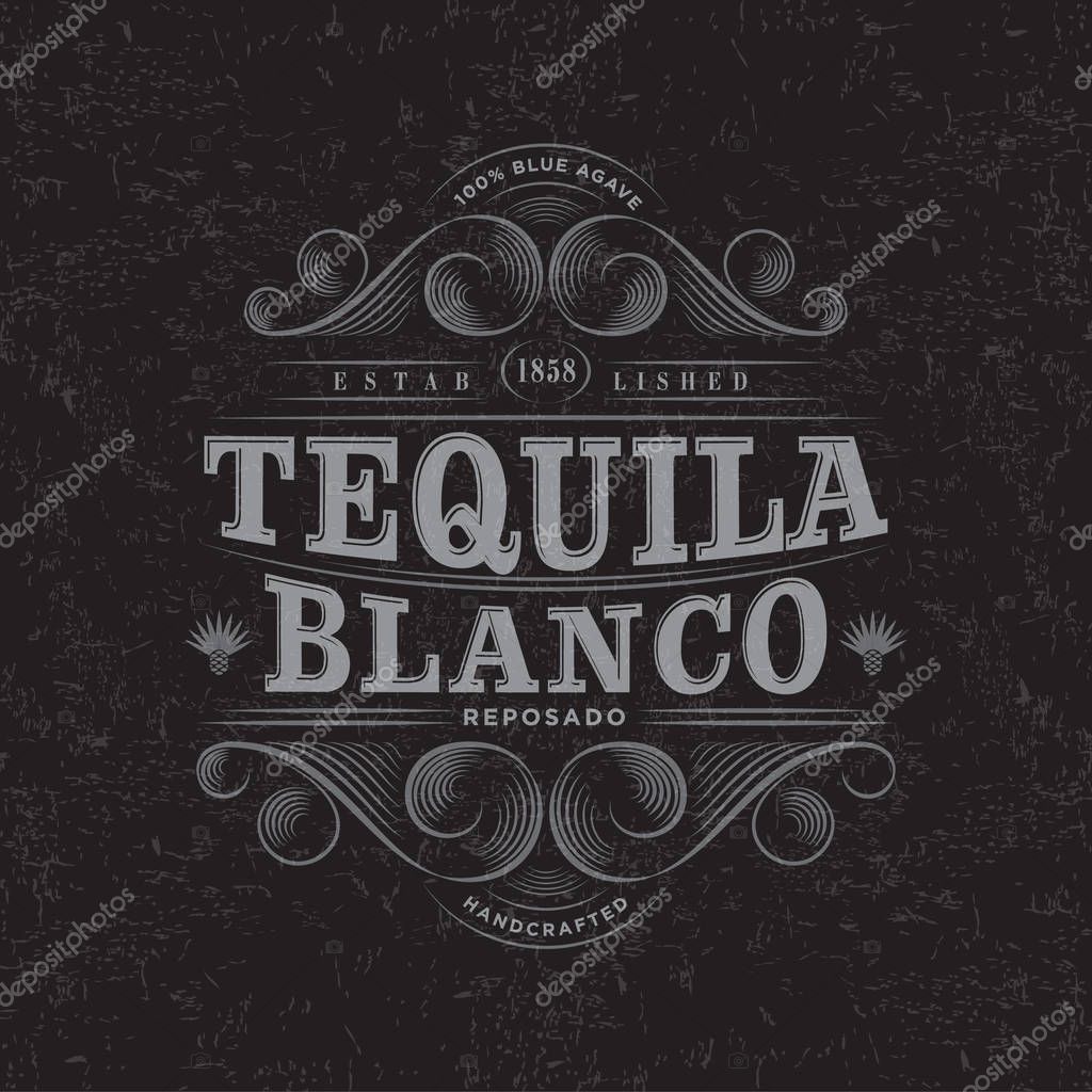Tequila Blanco Logo. Tequila Blanco label. Premium Packaging Design. Lettering Composition and Curlicues Decorative Elements. Baroque Style.