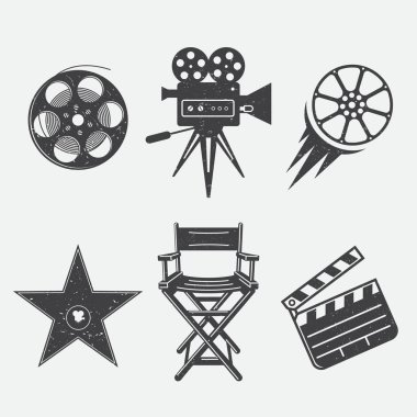 Vintage tarzda film ve üretim için farklı simgeler. Film kamerası, yıldız ödülü, film alkışı, kamera, bobin, sine-film ve yönetmen koltuğu.